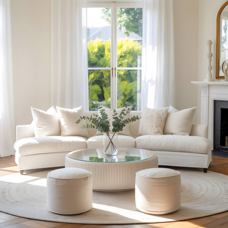A bright living room with a white sofa, a glass-top coffee table, and two ottomans.の写真素材