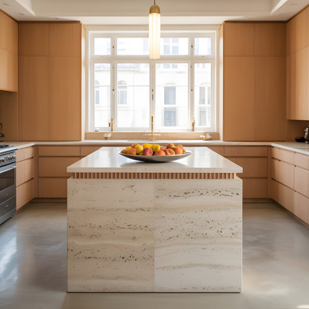 A contemporary kitchen with wooden cabinets, a stone island with fruit, and a large window.