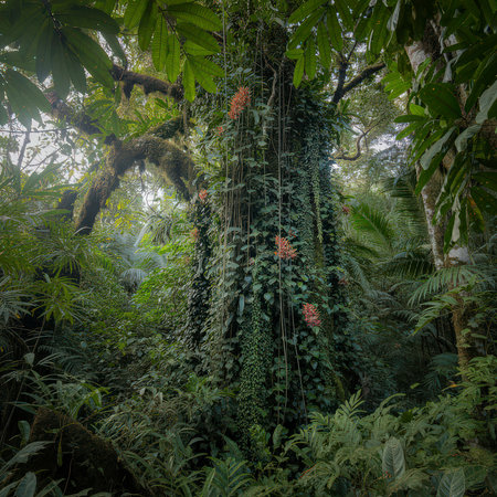 An ancient tropical tree is heavily covered in green vines and moss in a dense, lush jungle.の写真素材