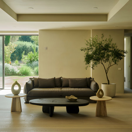 Elements showing contemporary living room with dark sofa and olive tree keywords: living room,...の写真素材