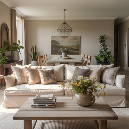 A bright living room and dining area with a sofa, table, plants, and artwork. Clear details and v...の写真素材