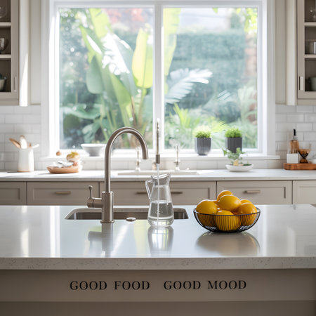 Garden showing bright kitchen island with sink, faucet, and lemonsの写真素材