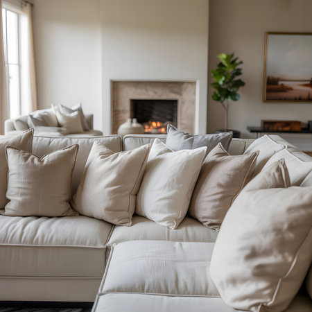Sofa showing cozy living room with fireplace and sofa. High resolution image suitable for...の写真素材