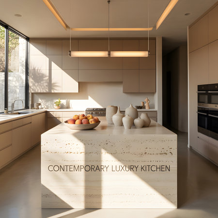Modern luxury kitchen with island, cabinets, appliances, and natural light. Clear details and vib...の写真素材