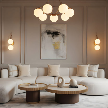 A contemporary living room with a curved sectional sofa, two coffee tables, and abstract wall art.
