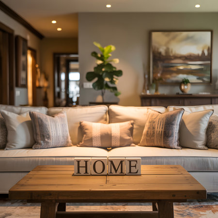 A cozy living room with a sofa, decorative pillows, and "HOME" blocks on a wooden coffee table.の写真素材