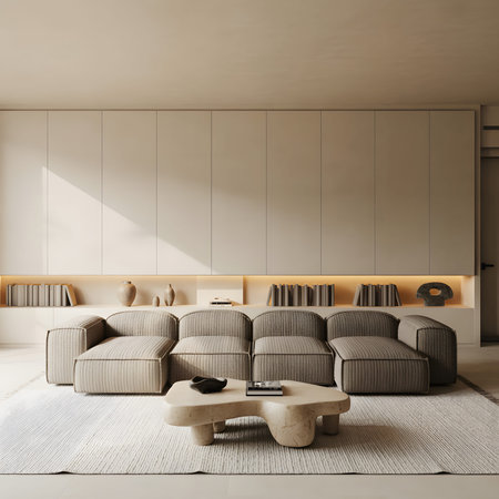 Lighting showing contemporary living room with modular sofa and bookshelves keywords: living...