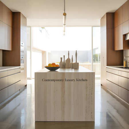 A spacious contemporary luxury kitchen with a central island and large windows. Clear details and...の写真素材
