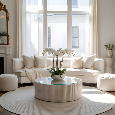 An elegant living room with a white sofa and a white orchid centerpiece on the coffee table.の写真素材