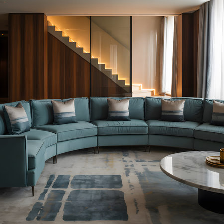 A large teal sectional sofa faces a marble coffee table in a modern living room. Clear details an...