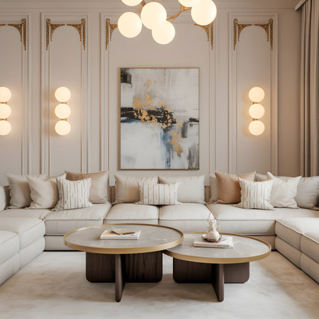 A luxurious living room with a large sectional sofa, modern art, and elegant decor.