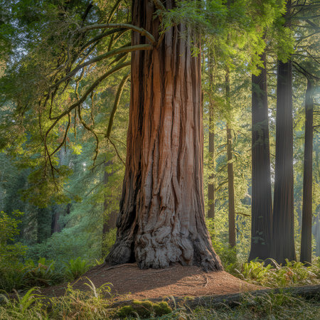 A massive redwood tree trunk stands tall in a sun-dappled forest with ferns on the ground.の写真素材