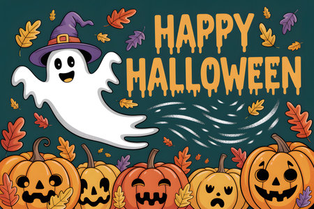 A ghost in a witch hat flies with pumpkins and leaves on a dark Halloween background.の写真素材