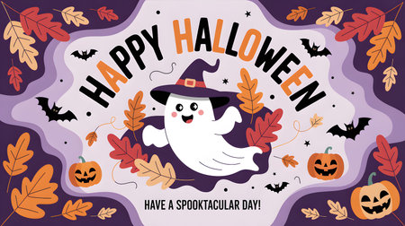 Ghost in witch hat with Happy Halloween text surrounded by autumn leaves Clear details and vibran...
