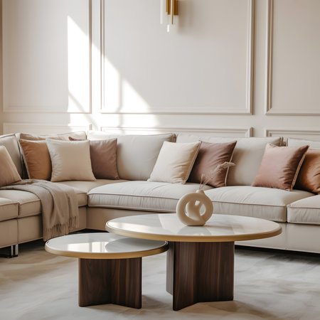 A comfortable sectional sofa is arranged around two marble-topped coffee tables in a stylish room.の写真素材