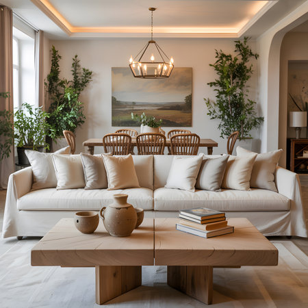 An elegant living room displays a white sofa, a wooden dining table, and a modern chandelier...の写真素材