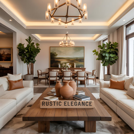 A spacious and elegantly decorated living room and dining area with modern furniture and decor.の写真素材