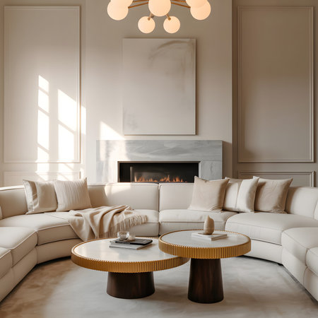 An elegant living room featuring a sectional sofa, fireplace, and modern decor. Clear details and...