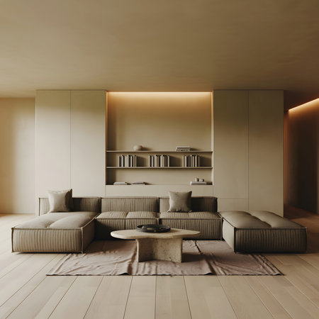 A contemporary living room with a large sectional sofa, a stone coffee table, and built-in shelving.