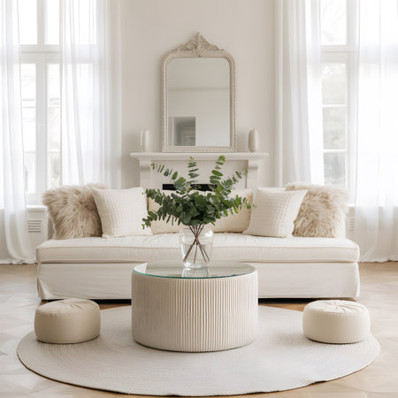 White showing elegant living room with white sofa and decorative mirror keywords: living room,...の写真素材