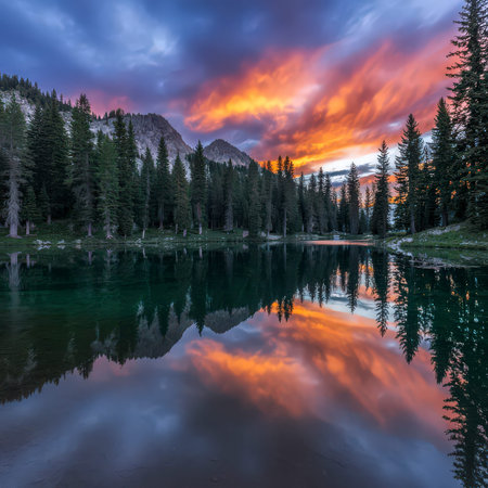 A dramatic sunset with orange and purple clouds reflects in a calm mountain lake surrounded by...