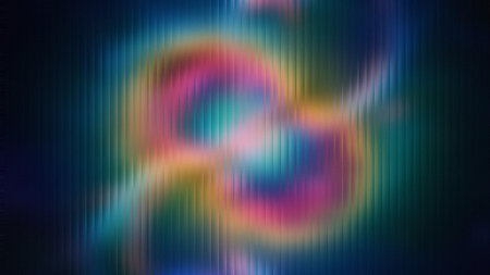 Abstract blurry colorful vertical lines with swirling pink yellow and teal shapes against dark...
