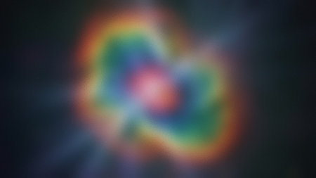 Stock showing abstract blurry rainbow ring around a pink center with dark background. High...の写真素材