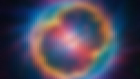 Abstract swirling rainbow colors behind a vertical lines texture creating a luminous effect.