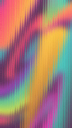 A vibrant psychedelic color blend flows across vertical textured lines in an abstract pattern.