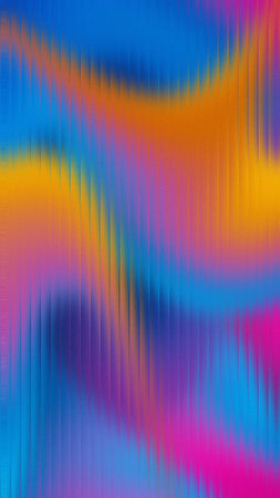Bold abstract colors of blue, orange, and pink swirl with a vertical pleated texture.