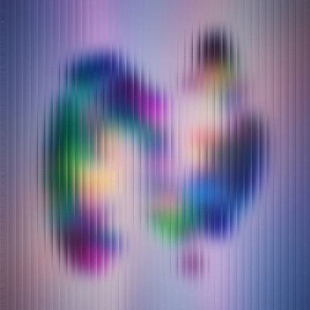 Two blurred abstract figures in green blue and pink colors seen through vertical linesの写真素材