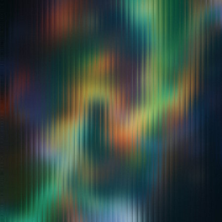 A dark, moody abstract with blurred emerald green, orange, and blue hues. Clear details and vibra...