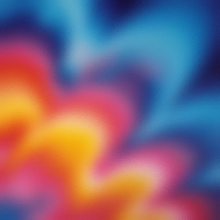 A vibrant abstract gradient blends red, orange, yellow, and blue hues with a soft texture.