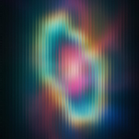 A soft, glowing abstract shape in pink, blue, and orange hues on a dark background with vertical...
