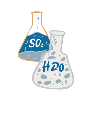 Stylized flasks labeled SO2 and H2O with blue liquid and white bubbles on white background.