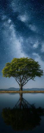A solitary tree with green leaves reflected in calm water under a starry night sky.
