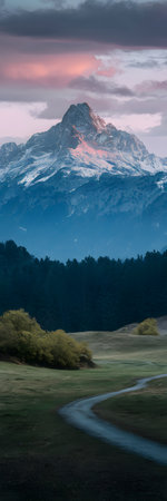 A majestic snow-capped mountain peak bathed in sunrise light above a dark forest. Clear details a...の写真素材
