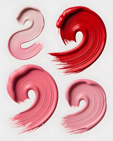 Four swirled cosmetic paint or lipstick swatches in pink and red hues on white. Clear details and...