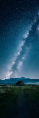 A remote cabin sits in a grassy field under the vast Milky Way galaxy and mountains.の写真素材