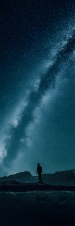 Silhouette of a person under the vast Milky Way galaxy at night Clear details and vibrant colors ...