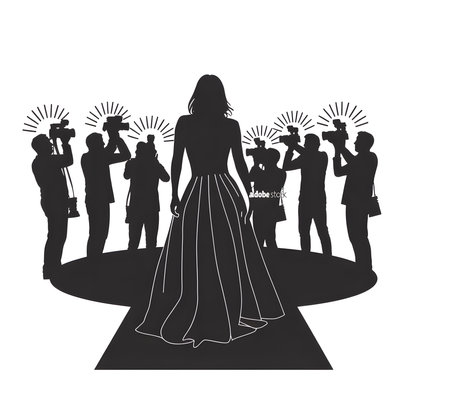 Silhouette of a woman on a red carpet surrounded by photographers with flashing cameras.の写真素材