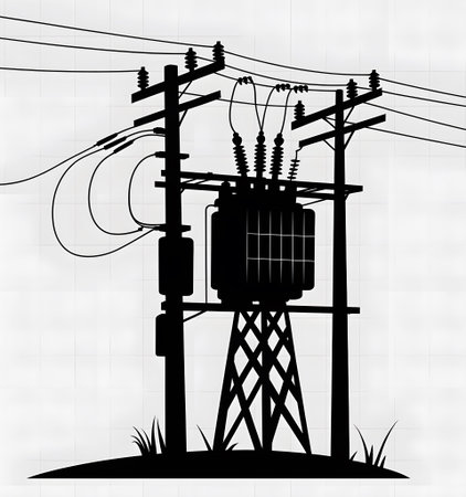 Black silhouette of an electrical transformer on a pole with power lines against a grid background.