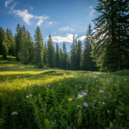 Sunny alpine meadow with colorful wildflowers and tall pine trees under a blue sky Clear details ...の写真素材