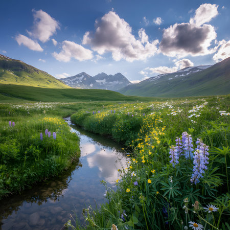 A winding stream flows through a vibrant alpine meadow with lupine flowers and mountains.の写真素材