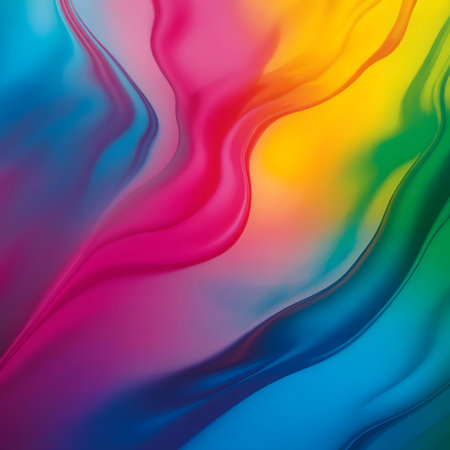 Abstract swirling fluid shapes in vibrant rainbow colors create a dynamic, flowing background.の写真素材
