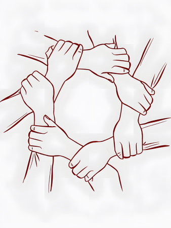 Outline illustration of multiple hands linked together forming a circular shape. Clear details an...