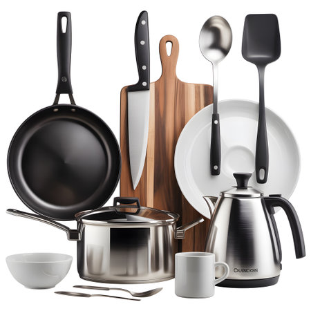 Collection of kitchen utensils and cookware including a knife, cutting board, pot, pan, and kettle.の写真素材