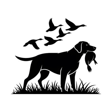 Black silhouette of a dog holding a duck with birds flying above grass Clear details and vibrant ...