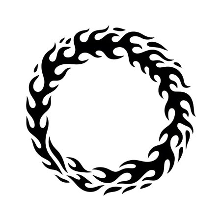A black, stylized flame circle design element on a white background. Clear details and vibrant co...の写真素材