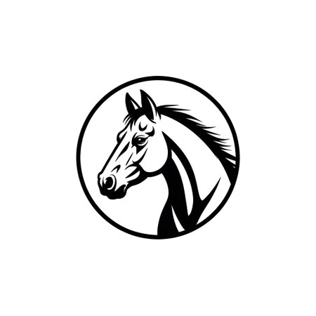 Black and white silhouette of a horse head in profile inside a circle. Clear details and vibrant ...の写真素材